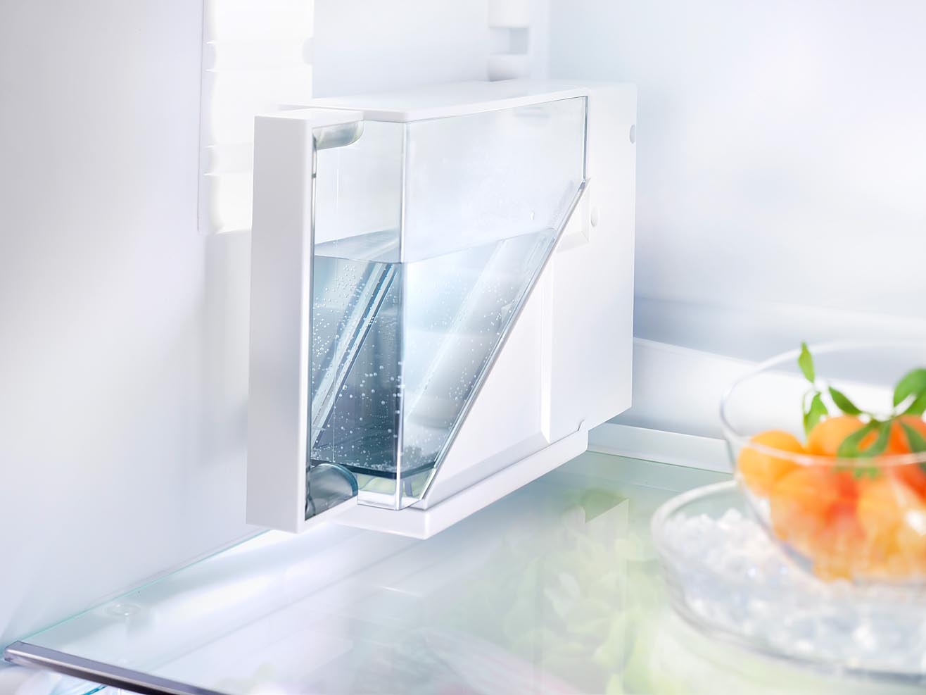 Foto eines Kühlschrankdetails mit Lebensmitteln. Wassertank für Icemaker fotografiert mit Fachkamera und bewusster Schärfe-Verlagerung