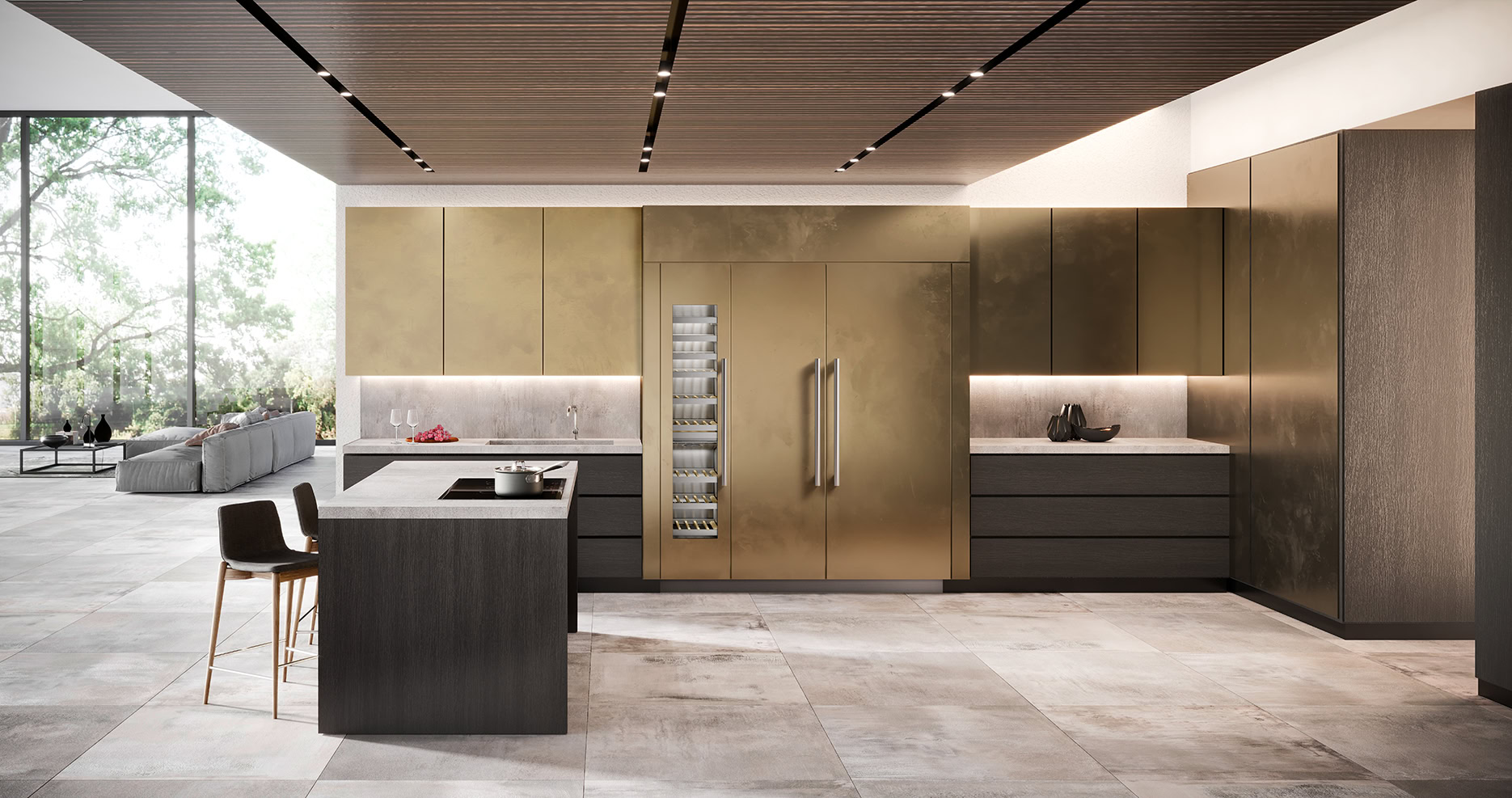 Mattgoldene edle Küche in sehr großem Haus, CGI Rendering