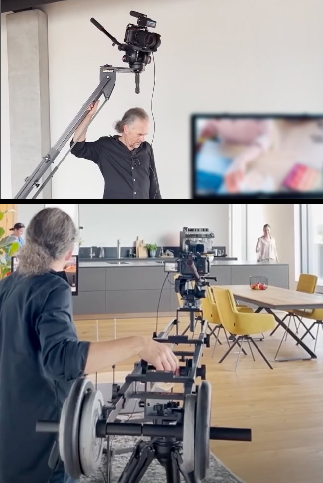 Der Münchner Fotograf und Filmemacher Kai Arndt hinter der Kamera am Filmset für einen Werbefilm