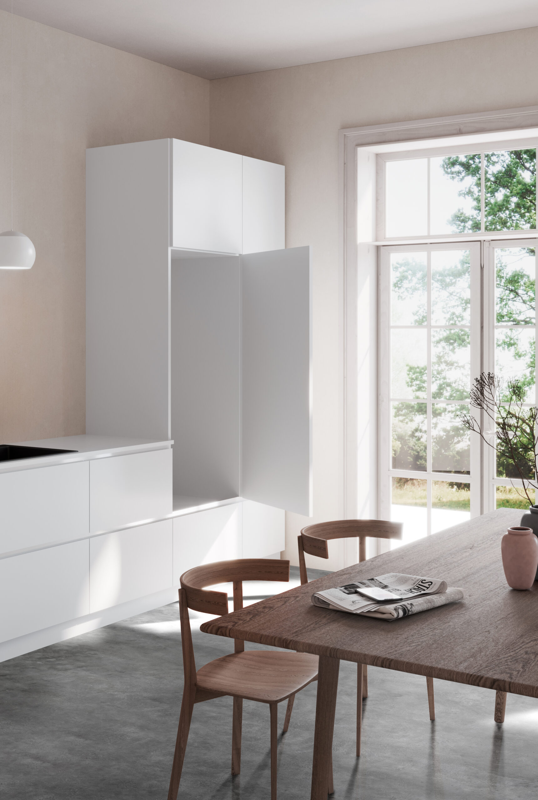 Küche mit offenem leeren Schrank in gemütlicher Atmosphäre